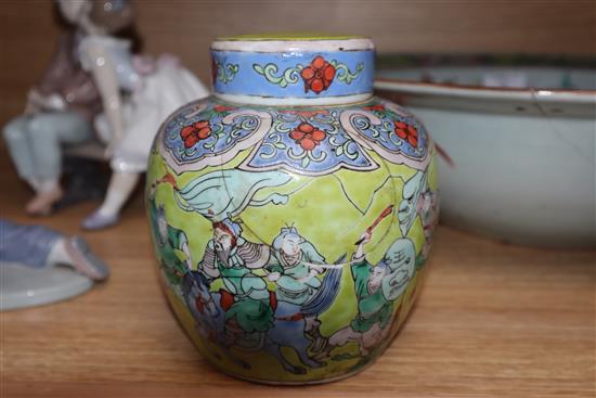 A 19th century Chinese famille rose basin, two jars and covers and a vase diameter 38cm